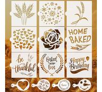 Ktxaby 13 Pcs Wheat Themed Cookie Stencil Reusable Artisan Bread Stencils 14 x14 cm Happy Birthday Stencil Coffee Stencils for DIY Craft Paint Latte Art Baking Canvas Decoration