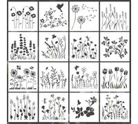 Ktxaby 16 Pcs Wildflower Stencils for Painting 8x8 Inch Reusable Flower Leaf Paint Stencils Plant Painting Templates for DIY Craft Wall Door Canvas Decor（Flowers & Grassy Theme）