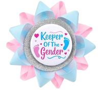 Ktxaby 1pcs ''Keeper Of The Gender'' Button,Gender Reveal Button Pins Reveal Party Favors Boy or Girl,Baby Feet Light Pink and Blue Ribbon Pins for Baby Shower Party Supplies