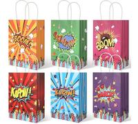 Ktxaby 20Pcs Superhero Party Favors Bags with Handles,Comic Hero Kraft Paper Bags,Goodie Bag Candy Treat Gift Bag for Boom Hero Themed Birthday Party Supplies
