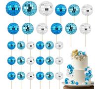 Ktxaby 30Pcs Mini Disco Ball Cupcake Toppers, Shiny Disco Ball Picks Disco with Sticks Theme Party Supplies,70s Retro Cake Decorations for Dessert Birthday Decorations(Blue, Silver)