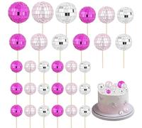 Ktxaby 30Pcs Mini Disco Ball Cupcake Toppers,Shiny Pink 3 Colour Cake Decorations with Sticks for 70s Party Theme,Dessert Tables, Birthdays & Celebration Displays(Pink, Silver)