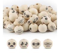 Ktxaby 40pcs 20mm Loose Wood Bead with Faces 4 Styles 4mm Hole Wooden Expression Beads Round Natural Wooden Beads Handmade Wood Bead for Necklace Bracelet Stringing Making DIY Crafts (01)