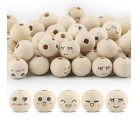 Ktxaby 50 Pieces 20mm Expression Wooden Beads - 5 Styles With Faces - 4mm Hole Round Natural Beads for Necklace Bracelet Stringing Making