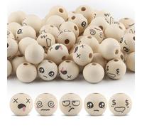 Ktxaby 50pcs 20mm Loose Wood Bead with Faces 5 Styles 4mm Hole Wooden Expression Beads Round Natural Wooden Beads Handmade Wood Bead for Necklace Bracelet Stringing Making DIY Crafts (05)