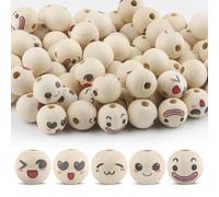 Ktxaby 50pcs 20mm Loose Wood Bead with Faces 5 Styles 4mm Hole Wooden Expression Beads Round Natural Wooden Beads Handmade Wood Bead for Necklace Bracelet Stringing Making DIY Crafts (03)