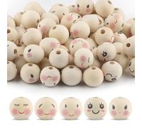 Ktxaby 50pcs 20mm Loose Wood Bead with Faces 5 Styles 4mm Hole Wooden Expression Beads Round Natural Wooden Beads Handmade Wood Beads for Necklace Bracelet Stringing Making DIY Crafts (02)