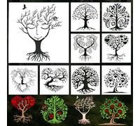 Ktxaby 9Pcs 19.8 x 19.8cm Tree Stencil Tree of Life Stencil for Painting,Reusable Plastic Drawing Template Stencils,Loving Heart Tree Stencils for Painting on Wood DIY Crafts Canvas Furniture Wall