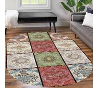 KTYUTJDH Area Rug,Blue Green Yellow Red Yellow Floral Vintage Patchwork, Multicoloured,Oval 140 x 200 cm Rugs Living Room Accessories Decoration Lounge Bedroom Bedside Carpet Mat