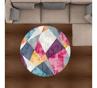 KTYUTJDH Area Rug Short Pile Carpet Living Room Bedroom Home Decoration Floor Mat, Navy Blue Teal Blue Yellow Fuchsia Pink Grey Geometric Distressed Modern,Multicoloured,Round ø 110 cm