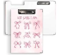 Ku-dayi Pink Bow Christian Clipboard Padfolio with Storage Pocket, Coquette Preppy Inspirational God Says I Am Low Profile Clip Boards for Women Girls Nurse School Office Classroom, 12.4 x 9.25 in