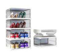 KU Syang Shoe Storage Box,4PCS Shoe Organiser Stackable with Magnetic Door Storage Organise Foldable Space Saving,Fits up to UK Size 12, Transparent and White