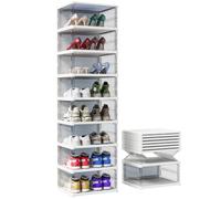 KU Syang Shoe Storage Box,8PCS Shoe Organiser Stackable with Magnetic Door Storage Organise Foldable Space Saving,Fits up to UK Size 12, Transparent and White