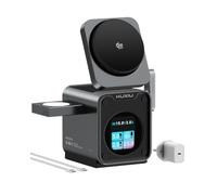 KU XIU 25W 5-in-1 Wireless Charging Station, Smart TFT Display with Cooling Fan, Qi2.2 Certified 25W, MagSafe-Compatible Charger Stand for iPhone 17-12, AirPods and Apple Watch, 45W Adapter Incl.