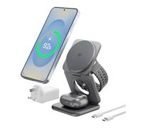 KU XIU 3-in-1 Wireless Charger for Samsung, Qi2 15W Charging Station for Galaxy S25, Z Fold7, Magnetic Foldable Travel Charger Stand for Galaxy Watch, for Galaxy Buds(45W Adapter Included)-Gray