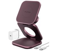 KU XIU Qi2.2 25W 3 in 1 Wireless Charger Stand for iPhone 18 Pro-Burgundy | MagSafe-Compatible, Aluminum Foldable Travel Wireless Charging Station for iPhone 18/17/16, Watch, AirPods+45W GaN Adapter