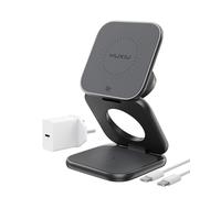 KU XIU Qi2.2 25W 3 in 1 Wireless Charging Station, Magnetic Travel Wireless Charger for iPhone 17/16, Aluminum Alloy Foldable Fast Charger Stand for Apple Watch, Airpods, 45W GaN Adapter, Gray