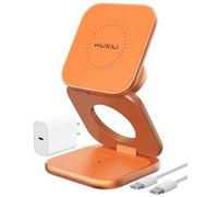 KU XIU Qi2.2 25W Magnetic Wireless Charger, Foldable 3 in 1 Travel Charging Station for iPhone 17/16/15/14/13/12, 5W for Apple Watch & AirPods, Aluminum Alloy Design, 45W GaN Adapter Included, Orange