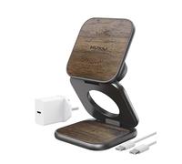 KU XIU Qi2.2 25W Wireless Charger Stand, Aluminum Alloy Walnut Design, Foldable 3 in 1 Travel Charging Station for iPhone 17/16, 5W for Watch & AirPods, 45W GaN Adapter Included