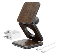 KU XIU X40 3-In-1 Wireless Charger for Apple Devices, Portable Travel Foldable Wireless Charging Station for iPhone 16/15/14/13/12 Series, Apple Watch 10/9/Ultra/8/7, AirPods 4/3/2/Pro - Wood Grain