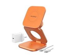 KU XIU X40 Turbo Qi2.2 25W Wireless Charger Magsafe-Compatible, Aluminum Alloy Foldable 3 in 1 Travel Charging Station for iPhone 17 Pro, 5W for Watch & AirPods + 45W GaN Adapter, Orange