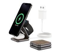 KU XIU X40Q 3-in-1 Wireless Charger Station, Foldable Magnetic Qi2 Wireless Charger Stand, 15W Fast Charging for iPhone Series 12-17, 5W for iWatch & Wireless Earbuds, Aluminum Portable - Wood Grain