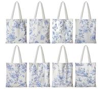 Kuabiz Floral Canvas Tote Bag for Women Chinoiserie Tote Bag Aesthetic Reusable Grocery Bags for Travel Shopping, Blue, 15.75 x 13.78 inches