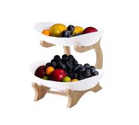 Kuabiz Fruit Basket Oval Tiered Fruit Bowl with Bamboo Wood Rack, Fruit Vegetable Storage, Serving Bowls, Dessert Platter Tray, Disassembled Kitchen Dining Dish (White, 2 Tiered)