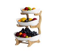 Kuabiz Fruit Basket Oval Tiered Fruit Bowl with Bamboo Wood Rack, Fruit Vegetable Storage, Serving Bowls, Dessert Platter Tray, Disassembled Kitchen Dining Dish (White, 3 Tiered)