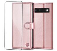 Kuafcase for Google Pixel 6 Case with 1 Screen Protector, Wallet Leather Flip Case with 4 Card Slots Magnetic Closure Kickstand Shockproof Phone Case for Google Pixel 6 - Rose Gold