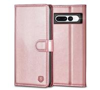 Kuafcase for Google Pixel 7 Pro, 4 Card Slots Magnetic Closure Kickstand Shockproof Protective Phone Case for Google Pixel 7 Pro - Rose Gold