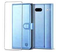 Kuafcase for Google Pixel 7a Case with 1 Screen Protector, 4 Card Slots Magnetic Closure Kickstand Shockproof Phone Case for Google Pixel 7a - Sky Blue