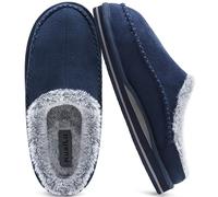 KuaiLu Mens Momery Foam Clog Slippers Comfy Handmade Stitch Microsuede Slip-on House Shoes With Arch Support Warm Faux Fur Lined Rubber Sole Indoor Outdoor Blue Size 8