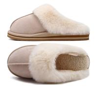 KuaiLu Womens Faux Fur Slippers Ladies Cosy Breathable Memory Foam Warm Winter Mule Cushion House Shoes with Indoor Outdoor Hard Sole Apricot Size 9
