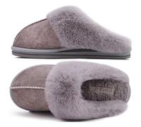 KuaiLu Womens Fluff Plush Slippers Ladies Cosy Memory Foam Warm Winter Mule Slippers Slip on Comfy Arch Support House Shoes with Non-Slip Indoor Outdoor Hard Sole Grey Size 8