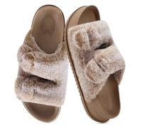 KuaiLu Women's Fluff Slippers Plantar Fasciitis Comfortable Platform Sandals with Arch Support Ladies Open Toe Faux Fur Sliders Womens House Slipper, Camel Brown UK 5