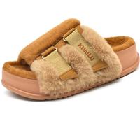 KuaiLu Womens Fuzz Platform Open Toe Slipper Size 8 with Comfort Arch Support Furry Sliders Orthotic Faux Fur Sandal Ajustable House Slippers Inside Outside Camel