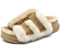 KuaiLu Womens Fuzzy Platform Open Toe Slipper with Comfort Arch Support Fluff Furry Sliders Orthotic Faux Rabbit Fur Sandal Indoor Outdoor Fashion Casual Beige Size 6