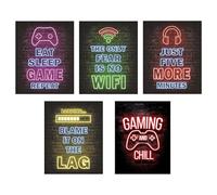 KUAJTUN 5PCS Gaming Posters Set for Boys Room, Neon Gaming Wallpaper Canvas Prints Wall Stickers, Teen Bedroom Game Room Accessories for Home Decoration