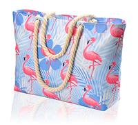 KUAK Beach Bags for Women, Extra Large Waterproof Sandproof Beach Tote Bag with Top Zipper, 3 Inner Pockets, Rope Handles, Flamingo, XXL, Fashion