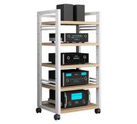 KUANGGE HiFi Stand 5-Tier Movable AV Media Stand Component Cabinet, Living Room CD Player Stand And Stereo Rack Audio Tower with Height Adjustable Wooden Shelf for Home/Office/Theater(A)