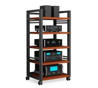 KUANGGE HiFi Stand 5-Tier Movable AV Media Stand Component Cabinet, Living Room CD Player Stand And Stereo Rack Audio Tower with Height Adjustable Wooden Shelf for Home/Office/Theater(A)