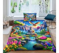 KuangGeKG Buddha statue Quilt Cover 3D Print Bedding Sets Unique Culture 2 Pieces with Pillowcases Zipper Closure Easy Care Super Soft Comfortable for Men And Women Single(135x200cm)