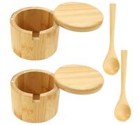 Kuanght 2Pcs Salt Cellar Box 7x7x9cm Wood Salt and Pepper Bowl with Built-in Spoon and Magnetic Swivel Lid, Spices Storage Box for Sugar, Peppercorns, Oregano, Cumin and Cinnamon