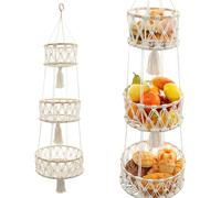 Kuanght 3 Tier Hanging Basket Macrame Hanging Baskets for Fruit Vegetable Towels Cleaning Supplies, Boho Wall Storage Holder Natural Cotton Rope Woven Basket for Kitchen Bedroom Bathroom