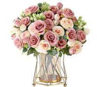 KUANINUNAR 4 Bunches Rose Artificial Flowers Pink Fake Roses Bouquet Valentine's Day Artificial Rose Flowers Bouquet Faux Rose Bridal Bouquets for Wedding Party Home Table Decoration Centerpieces