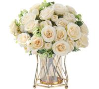 KUANINUNAR 4 Bunches Rose Artificial Flowers White Fake Roses Bouquet Valentine's Day Artificial Rose Flowers Bouquet Faux Rose Bridal Bouquets for Wedding Party Home Table Decoration Centerpieces