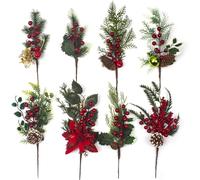 KUANINUNAR 8PCS Christmas Artificial Flowers Fake Christmas Picks Red Berry Picks Branches Faux Pine Stems Spray with Pinecones for Floral Arrangement DIY Wreath Making Holiday Décor