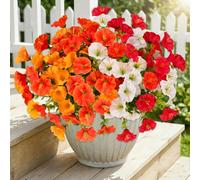 KUANINUNAR Artificial Flowers Outdoor Fake Flowers Spring Decor 2 Bundles Silk Morning Glory Fake Eucalyptus Plant UV Resistant Faux Greenery Plants for Porch Patio Home Yard Garden (2, Red Orange)