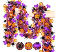 KUANINUNAR Halloween Decorations 50 FT Halloween Tinsel Garland with Orange Pumpkin Black Spider Purple Bat Hanging Tinsel Shiny Metallic Twist Garland for Tree Mantle Door Indoor Outdoor Party Decor